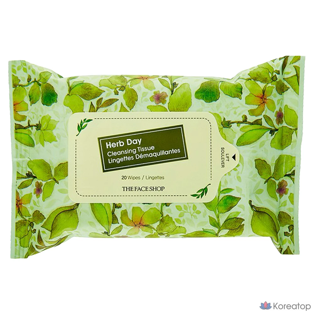 Очищающие салфетки The Face Shop Herb Day Cleansing Tissue, 20 листов, 1 упаковка