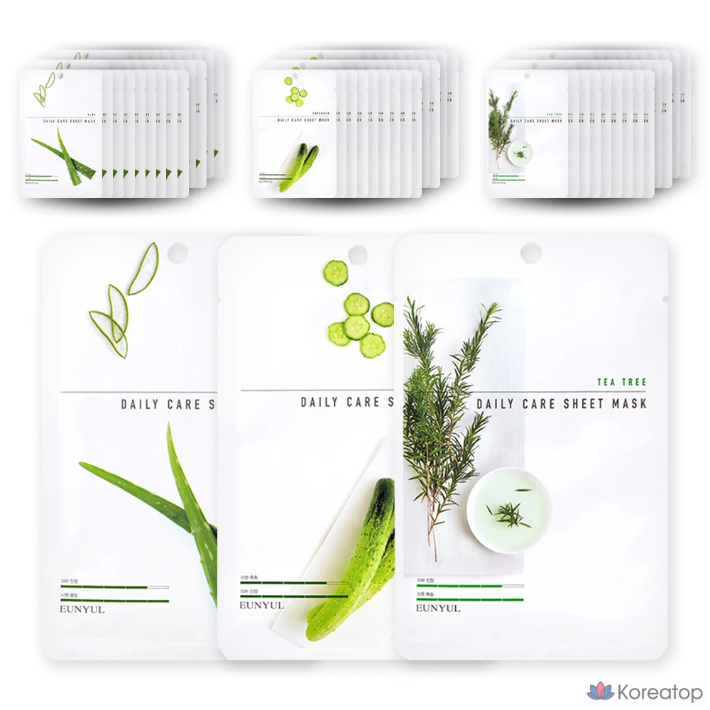 Набор тканевых масок для ежедневного ухода Eunyul: успокаивающая алоэ вера 10 пенсов + огурец 10 пенсов + масло чайного дерева 10 пенсов, 1 упаковка, 4 комплекта