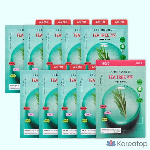 Маска для лица Bring Green Fresh Mask Pack с маслом чайного дерева и центеллой азиатской, 10 листов, 1 упаковка, 10 штук