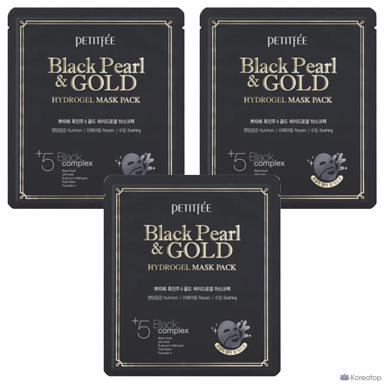 Гидрогелевые маски Petitfee Black Pearl & Gold, 32 г, 5 штук, 3 упаковки.
