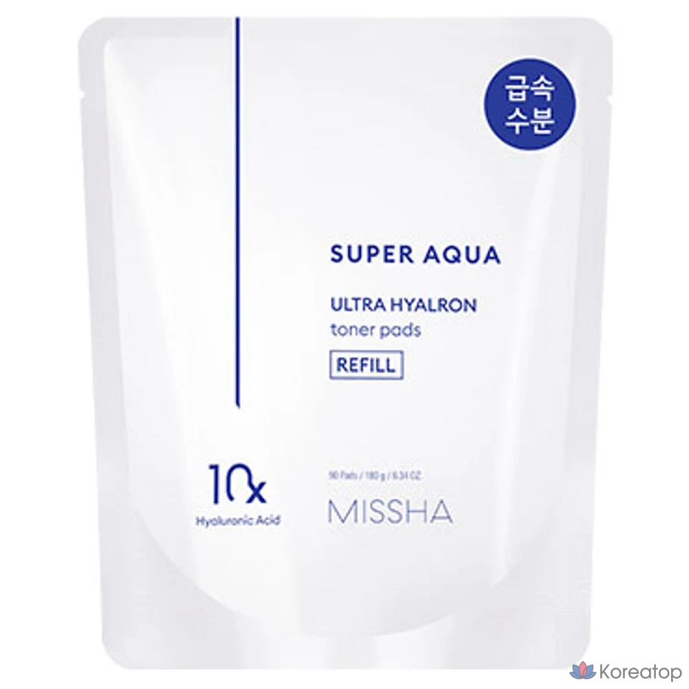 Сменные подушечки для тоника Missha Super Aqua Ultra Hyalron, 180 г, 90 листов, 1 упаковка.