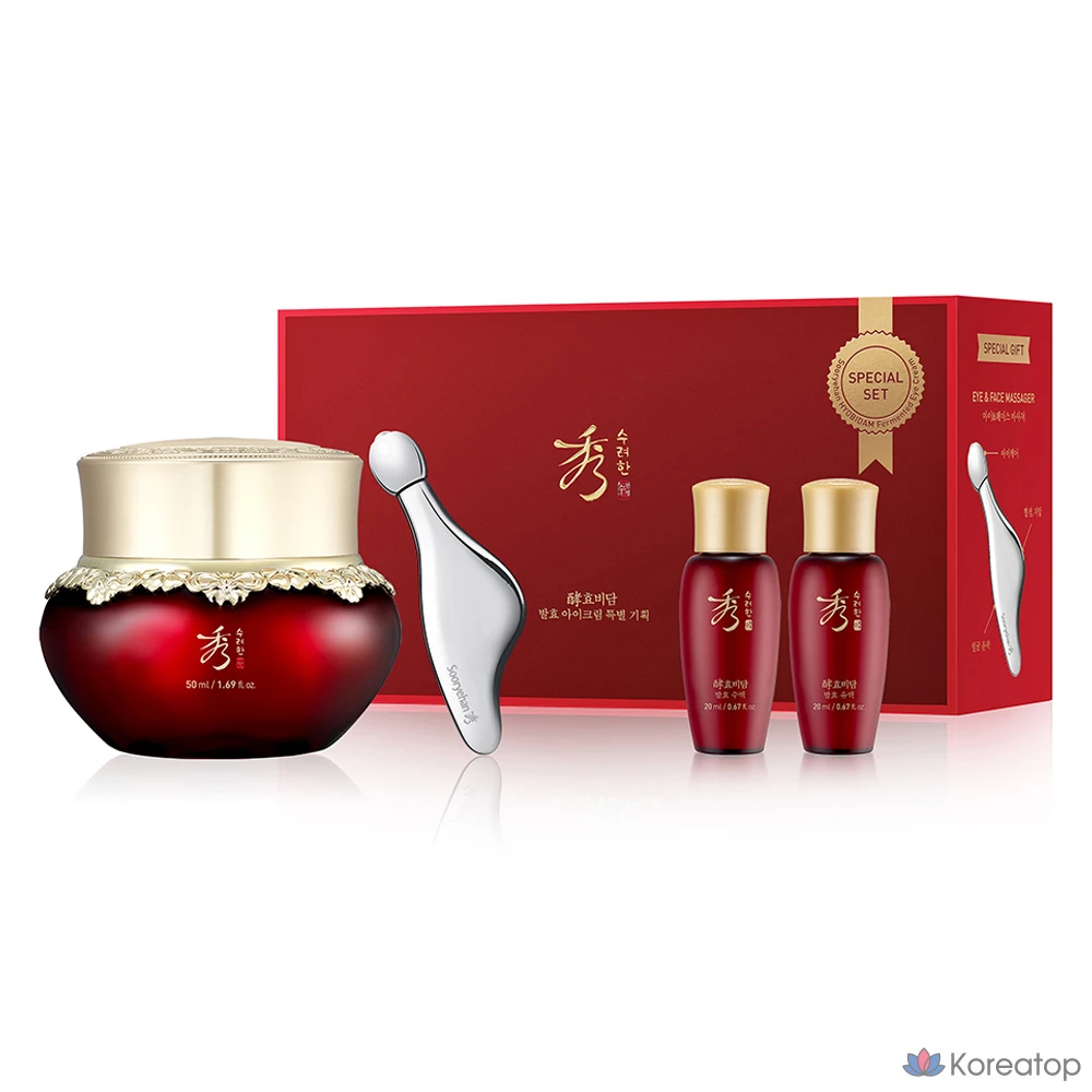 Набор Sooryehan Hyobidam: ферментированный крем для глаз 50 мл + экстракт древесного сока 20 мл + молочко 20 мл + массажер, 1 шт.