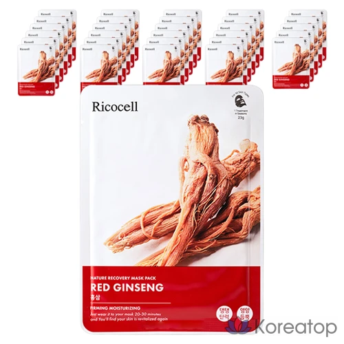 Набор восстанавливающих масок для лица Ricocell Nature Recovery Mask Pack с красным женьшенем, 23 г, 180 штук, 1 упаковка.