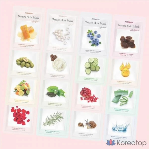 Маска для лица FoodaHolic, 100 листов, 16 видов, 4470495, Огурец + Алоэ + Зеленый чай + Чайное дерево + Гиалуроновая кислота, 2 шт. каждого, 1