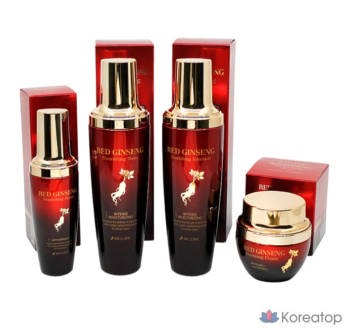 Набор из 4 предметов базовой косметики 3W Clinic Red Ginseng Nourishing Skincare, 1 комплект.