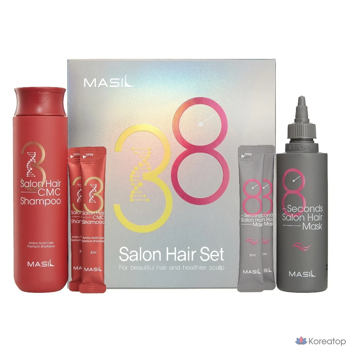 Набор для домашнего ухода за волосами Masil Salon Hair 38: шампунь CMC 300 мл + салонная маска для волос 8-Second 200 мл + стик 8 мл * 4 шт., 1 шт.