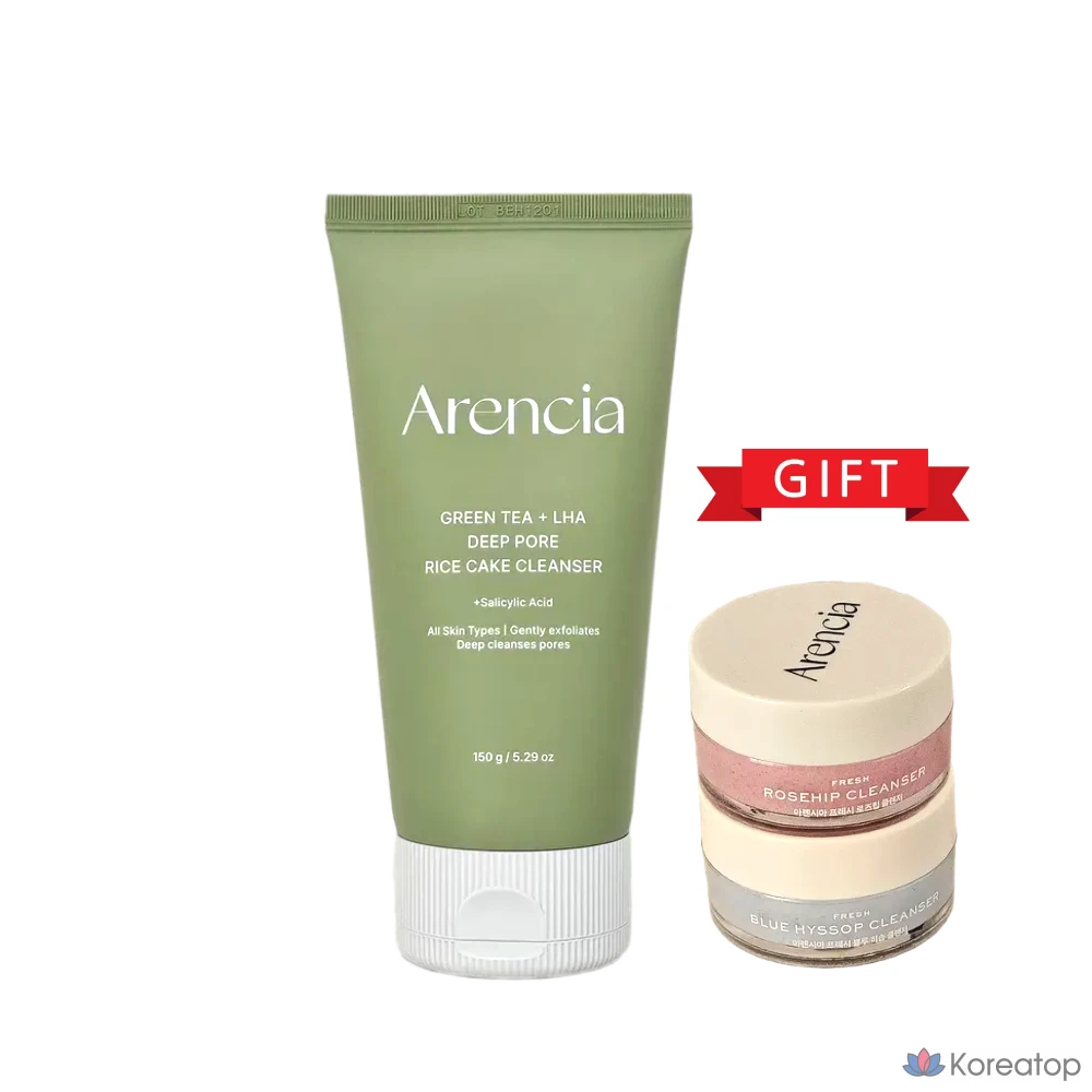 Arencia Pore Absorbing Deep Cleansing Green Tea Rice Cake Soap 150ml / Fresh Rosehip Cleanser 15g + Fresh Blue Hyssop Cleanser 15g, 150g, 1ea