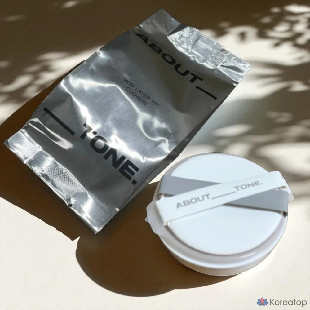 Тональный крем-кушон ABOUT TONE Skin Layer Fit Cushion, плотно прилегающий, с эффектом размытия, маскирует недостатки, стойкий, сменный блок, 1 шт., 23 оттенка натурального цвета., фото 2