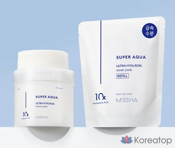 Сменные подушечки для тоника Missha Super Aqua Ultra Hyalron, 180 г, 90 листов, 1 упаковка.