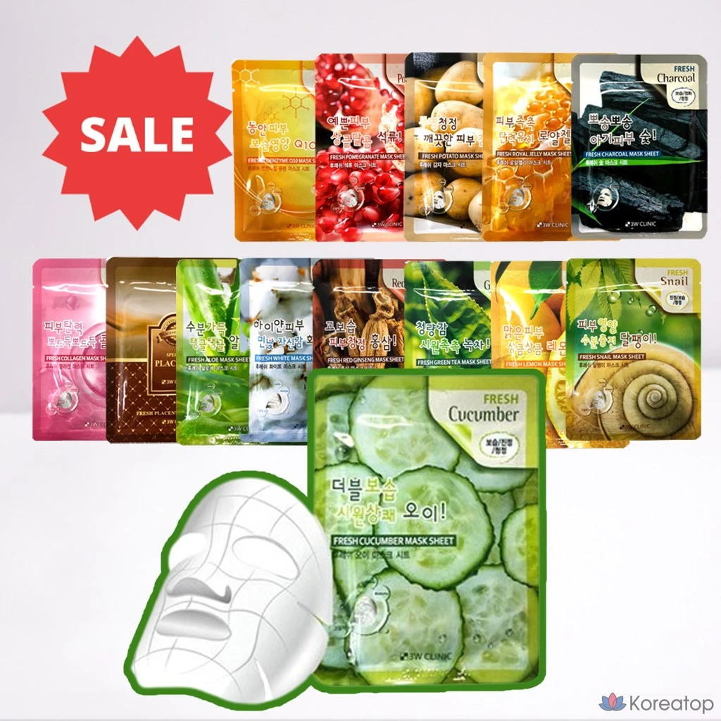 Тканевые маски для лица 3W Clinic Fresh, набор из 10 штук, 14 видов, в упаковке 1 маска.