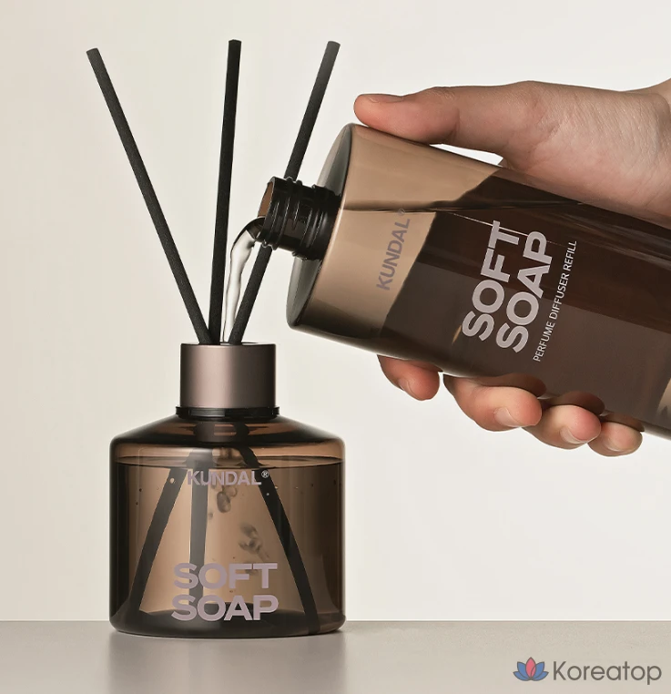 Сменные насадки для парфюмерного диффузора Kundal (2 шт.) + фибровые палочки (14 шт.), мягкое мыло, 500 мл, 1 комплект.