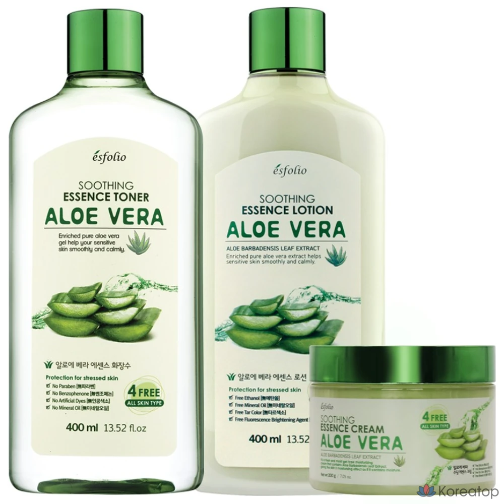 Набор Esfolio Aloe Vera: успокаивающий тоник + лосьон + крем / Увлажняющий крем, успокаивающий крем для сухой кожи, 1 набор