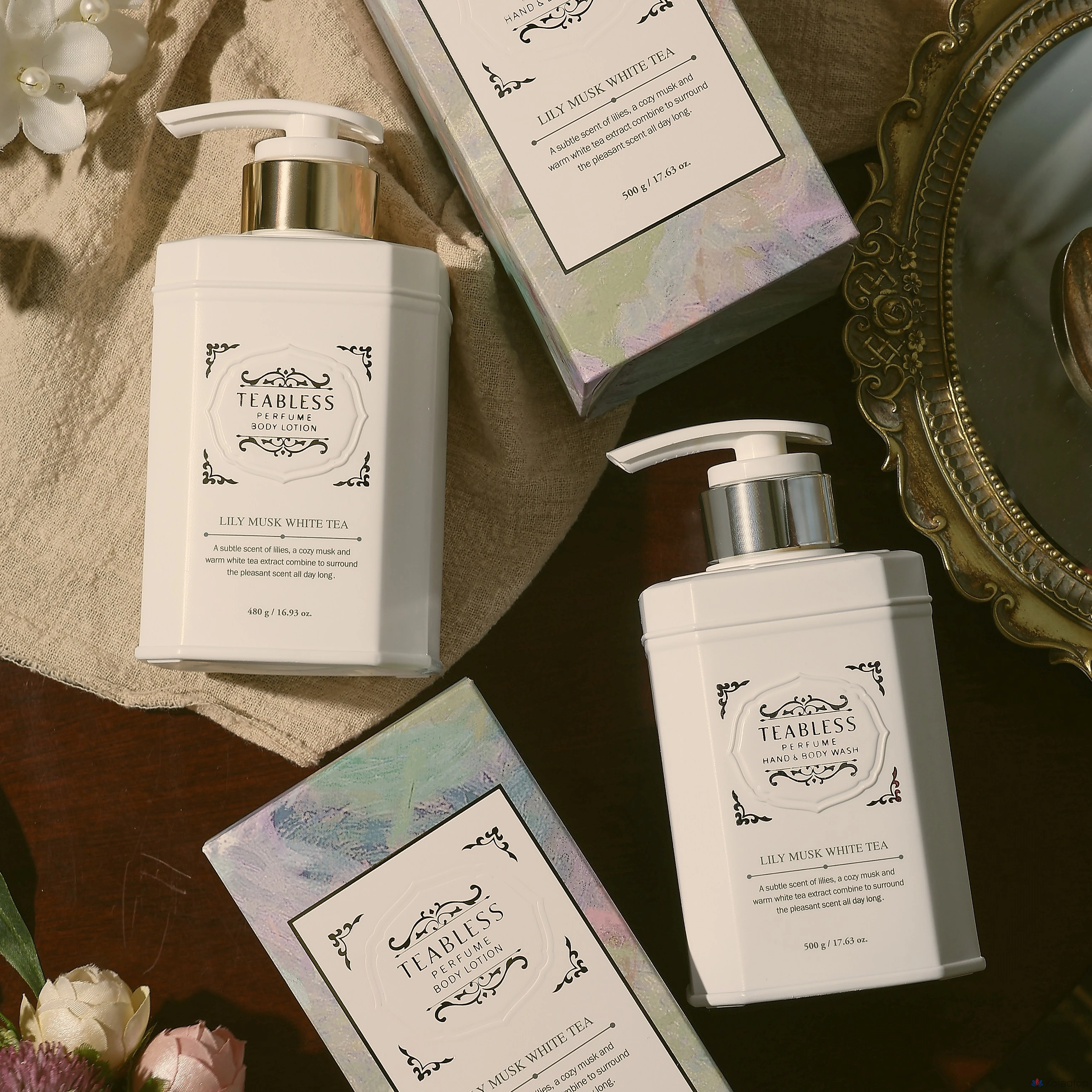 Набор TEABLESS: лосьон для тела с ароматом белого чая и мускуса 480 г + гель для душа 500 г.