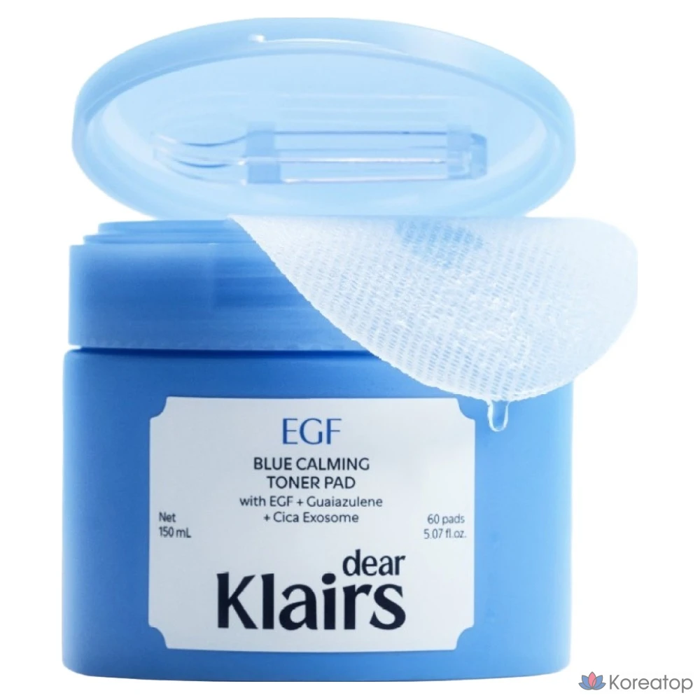 Тонизирующие подушечки Dear, Klairs EGF Blue Soothing Toner Pads, 150 мл, 60 листов, 1 упаковка.