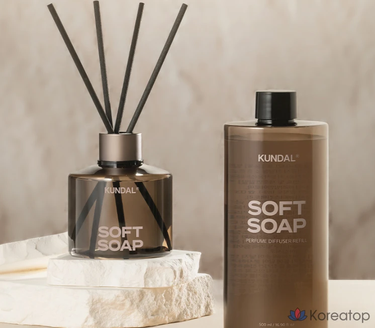 Сменные насадки для парфюмерного диффузора Kundal (2 шт.) + фибровые палочки (14 шт.), мягкое мыло, 500 мл, 1 комплект.
