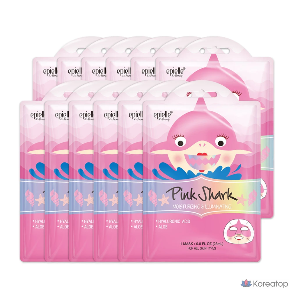Набор из 12 увлажняющих и сияющих тканевых масок Epielle с изображением акулы, 1 упаковка, 12 штук.