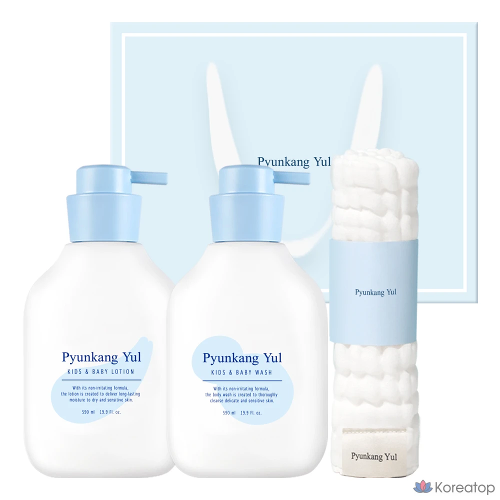 Набор для малышей и детей Pyunkang Yul: лосьон 590 мл + средство для умывания 590 мл + марлевые салфетки, 1 комплект.