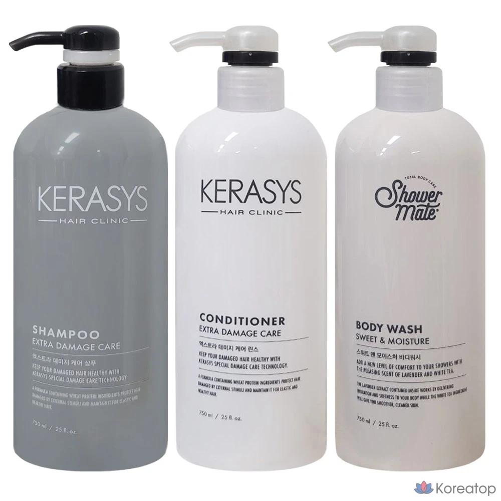 Шампунь, ополаскиватель и гель для душа KeraSys Extra Damage Care, 1 комплект, 2 комплекта