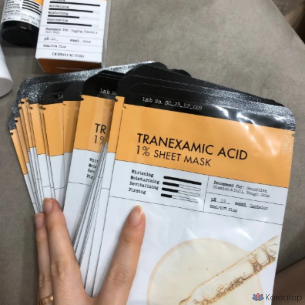 Маска для лица Derma Factory с транексаминовой кислотой 1% для борьбы с пигментными пятнами, осветление кожи, придание ей сияния и прозрачности, 1 упаковка, 10 упаковок., фото 4