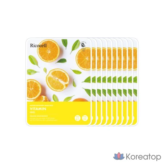 Маска для лица Ricocell Nature Recovery Mask Pack, 100 листов, 10 видов: увлажняющие, питательные, витаминные, коллагеновые, с алоэ, огурцом, картофелем и рисом компонентов, 1 упаковка