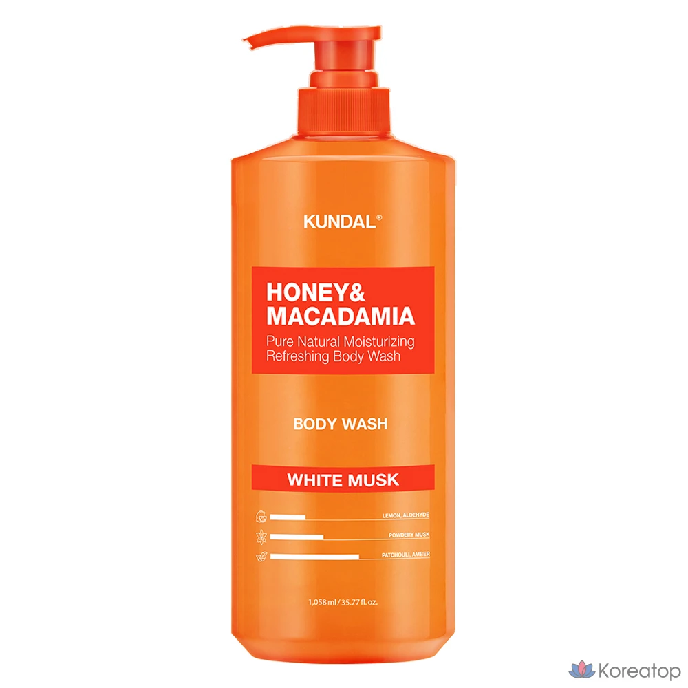 Гель для душа Kundal Honey & Macadamia Pure Body Wash, аромат белого мускуса, 1,058 л, 1 шт.