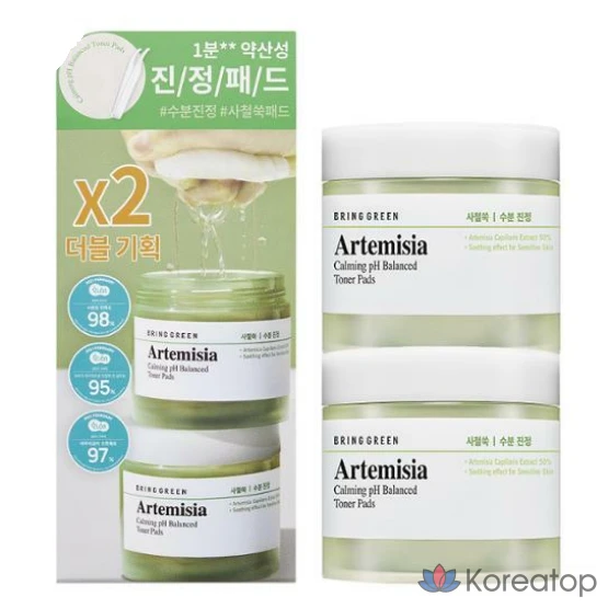 Bring Green Artemisia Calming Mildly Acidic Toner Pads, 75 листов, двойная упаковка, 75 листов + 75 листов