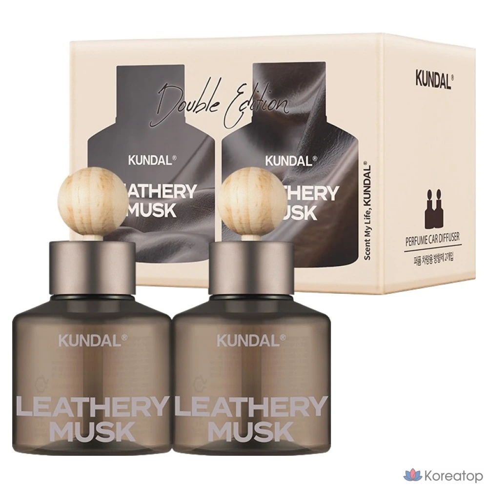Автомобильный освежитель воздуха Kundal, 75 мл (2 шт.), аромат «Кожа и мускус», 1 комплект.