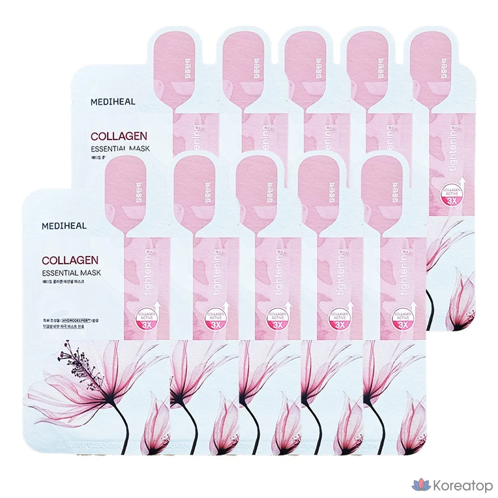 Маска Mediheal Essential Mask, 10 листов, 30 листов, масло чайного дерева, коллагеновая маска, ватермид, мадекассозид, 1 упаковка, 10 штук