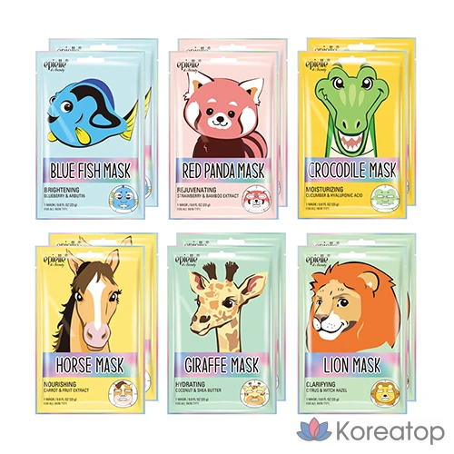 Набор масок Epielle с изображениями животных (красная панда/синяя рыба/лев/жираф/лошадь/крокодил) 1 упаковка (12 штук)