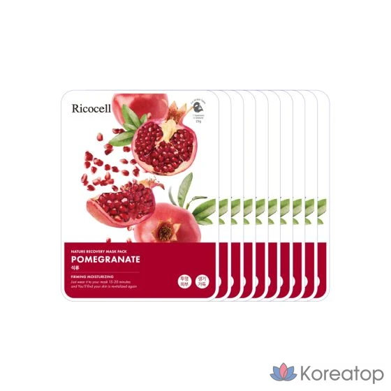 Маска для лица Ricocell Nature Recovery Mask Pack, 100 листов, 10 видов: увлажняющие, питательные, витаминные, коллагеновые, с алоэ, огурцом, картофелем и рисом компонентов, 1 упаковка