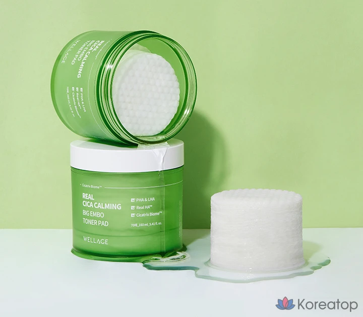 Тонизирующие подушечки WELLAGE Real Cica Calming Big Embo, 160 мл, 70 листов, 1 упаковка.