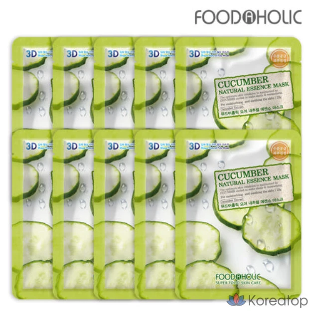 Маска-эссенция Food A Holic с натуральным экстрактом огурца, 100 листов, набор из 1 маски-эссенции Food A Holic 3D с натуральным экстрактом огурца.