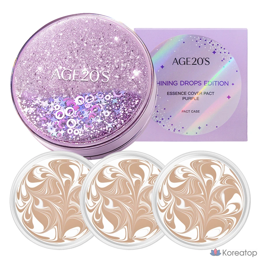 Аромат «Сияющие капли» для 20-летних, новая оригинальная упаковка Essence Cover Pact Case, фиолетовый цвет + сменный блок 12,5 г x 3 шт., № 21 «Белый латте», 1 шт.