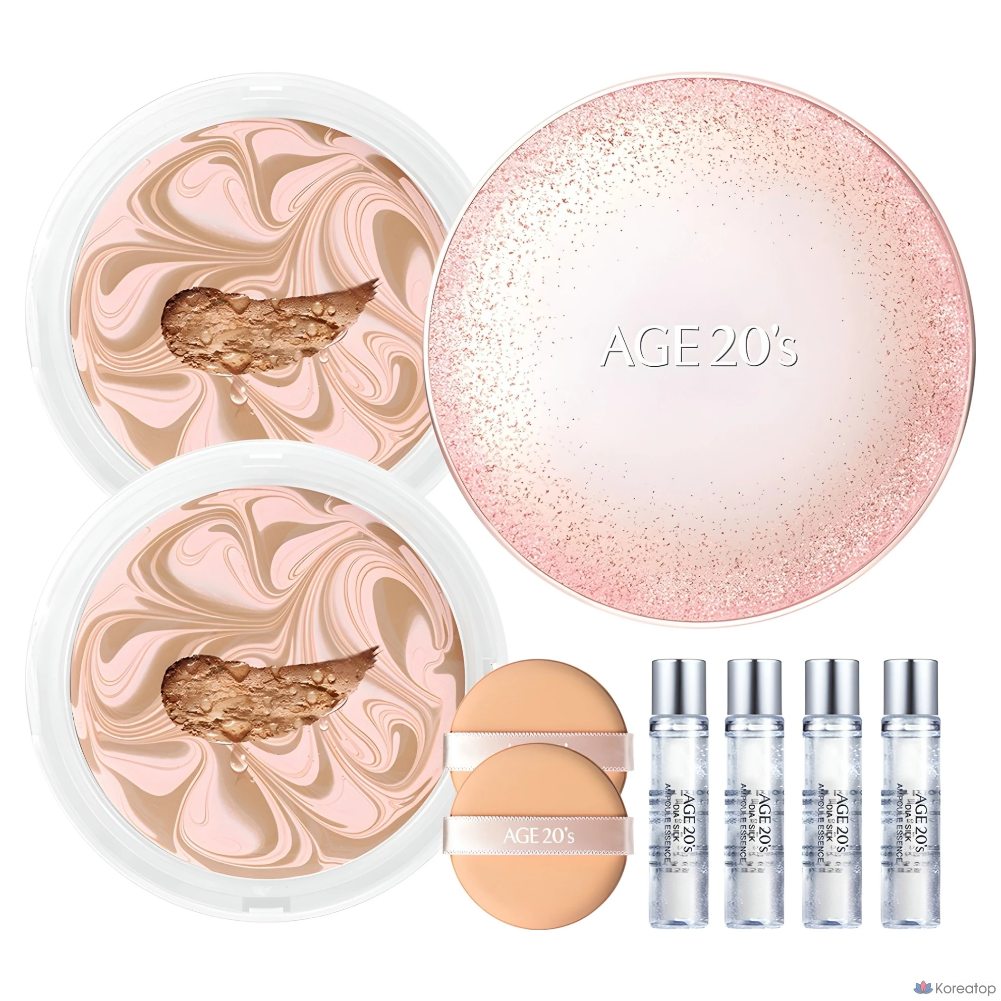 Набор для макияжа Age 20's Essence Cover Pact Sparkle Case + сменный блок 12,5 г x 2 шт. + ампула 10 мл x 4 шт., розово-бежевый (№ 23), 1 шт.