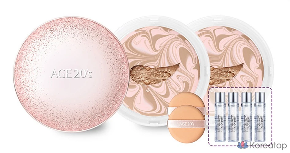 Набор для макияжа Age 20's Essence Cover Pact Sparkle Case + сменный блок 12,5 г x 2 шт. + ампула 10 мл x 4 шт., розово-бежевый (№ 23), 1 шт., фото 2