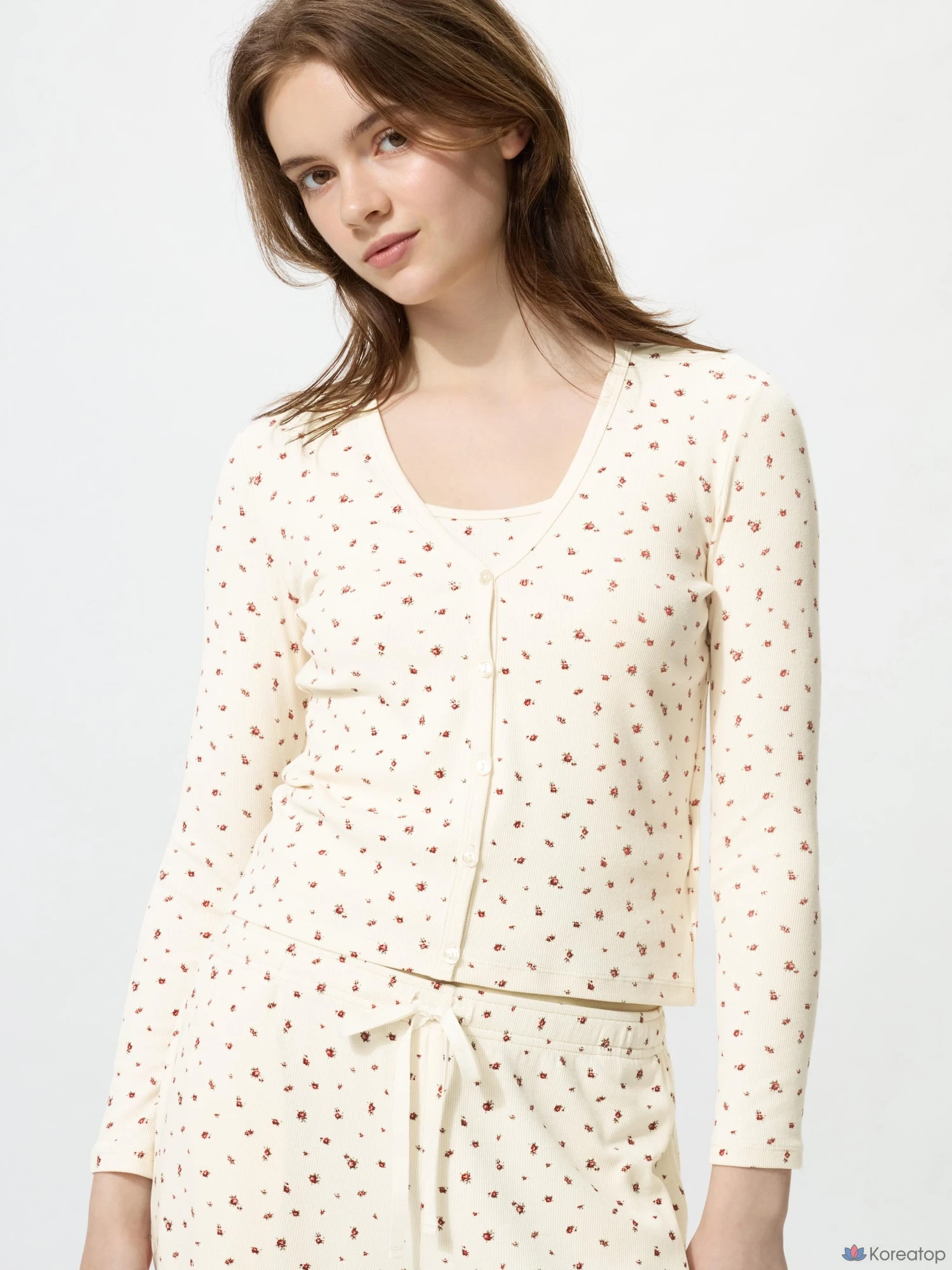 Кардиган Uniqlo Rib V-Neck Cardigan, цветочный принт