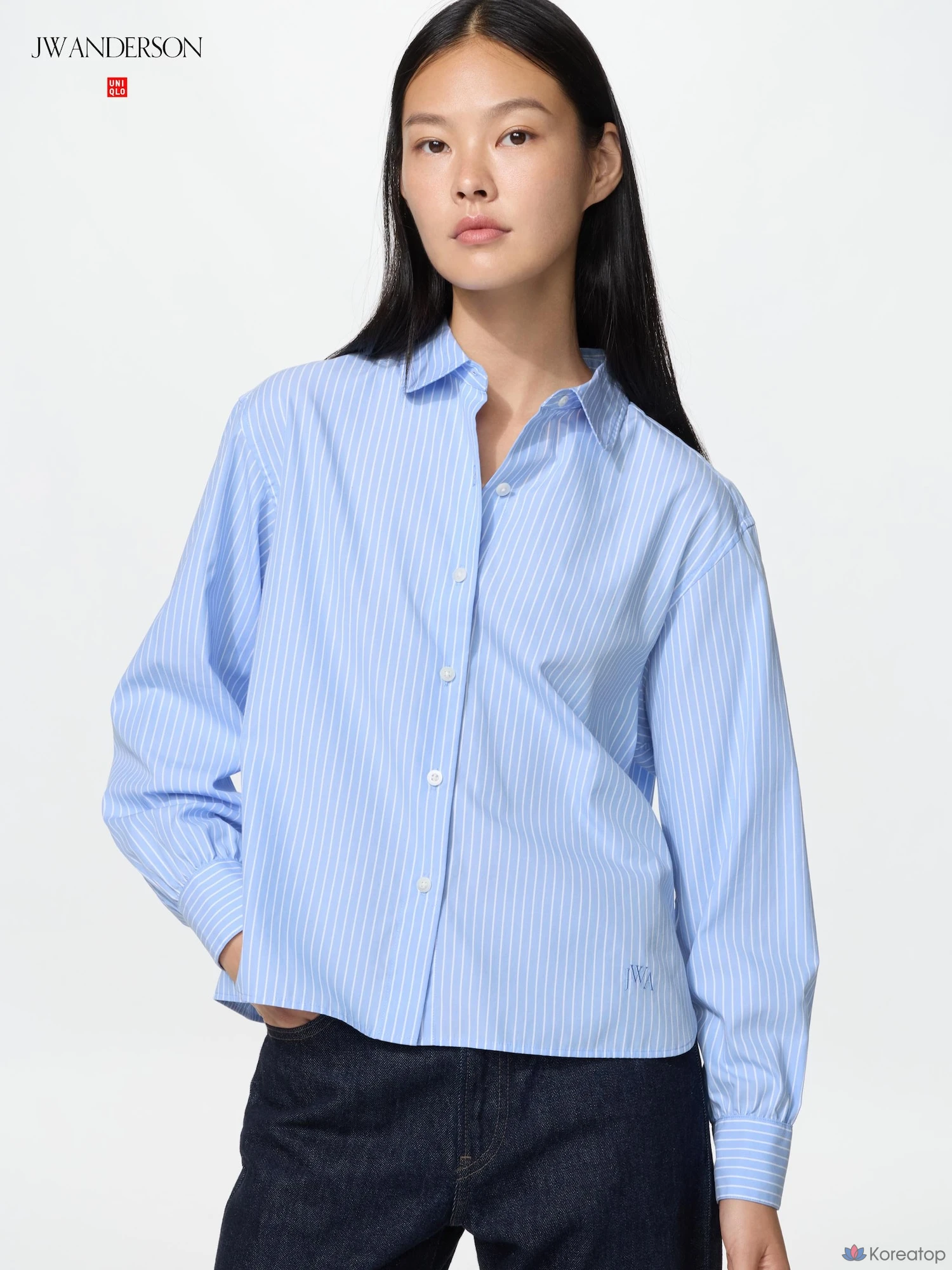 Рубашка Uniqlo Cotton Volume Sleeve Shirt, черный в полоску