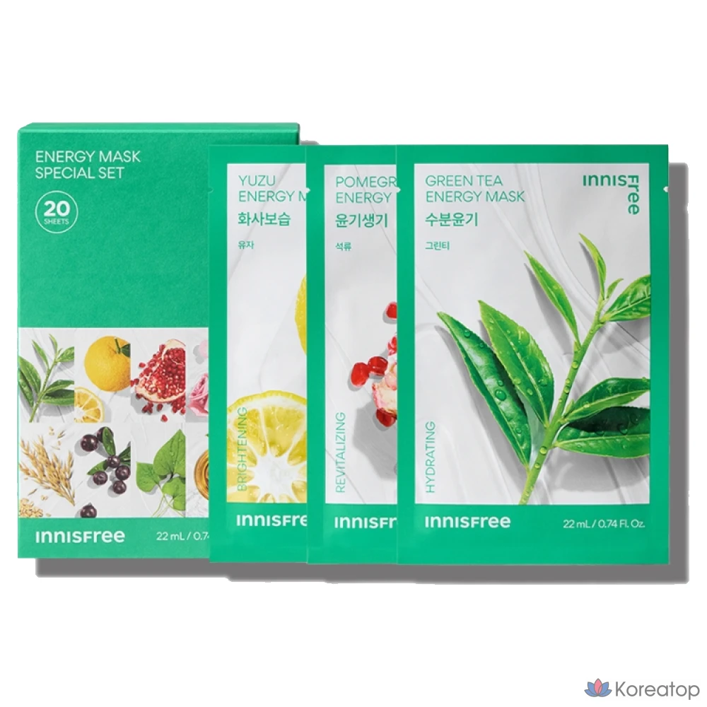 Маска для лица Innisfree Energy Mask Special, 10 видов, набор из 2 штук, 20 штук, по 1 штуке каждого вида.