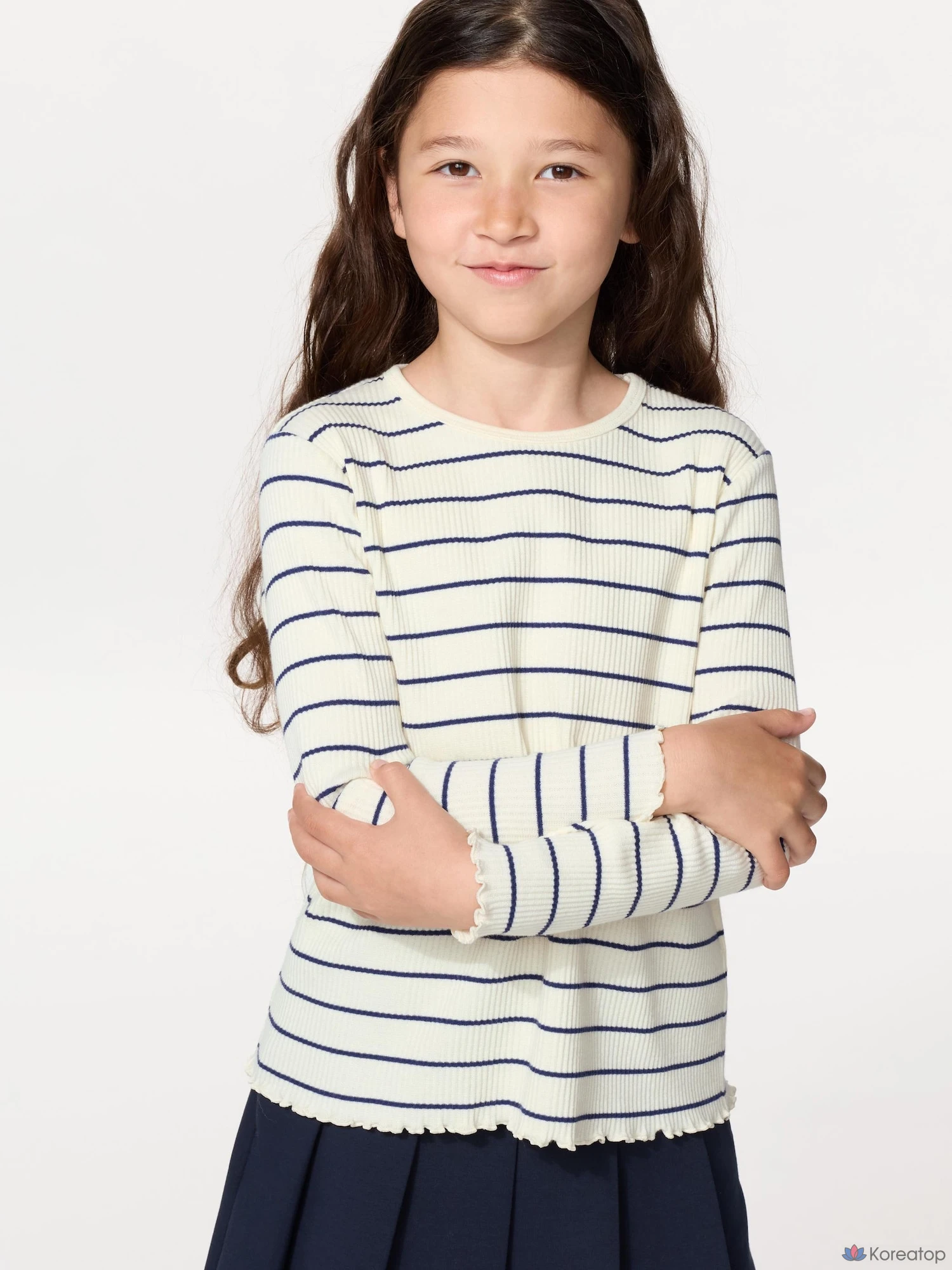 Футболка для девочек Uniqlo Rib Crew Neck Long Sleeve T-Shirt, в полоску
