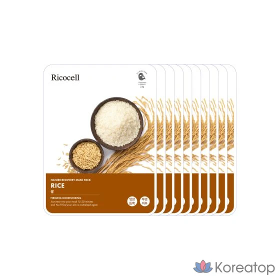 Маска для лица Ricocell Nature Recovery Mask Pack, 100 листов, 10 видов: увлажняющие, питательные, витаминные, коллагеновые, с алоэ, огурцом, картофелем и рисом компонентов, 1 упаковка