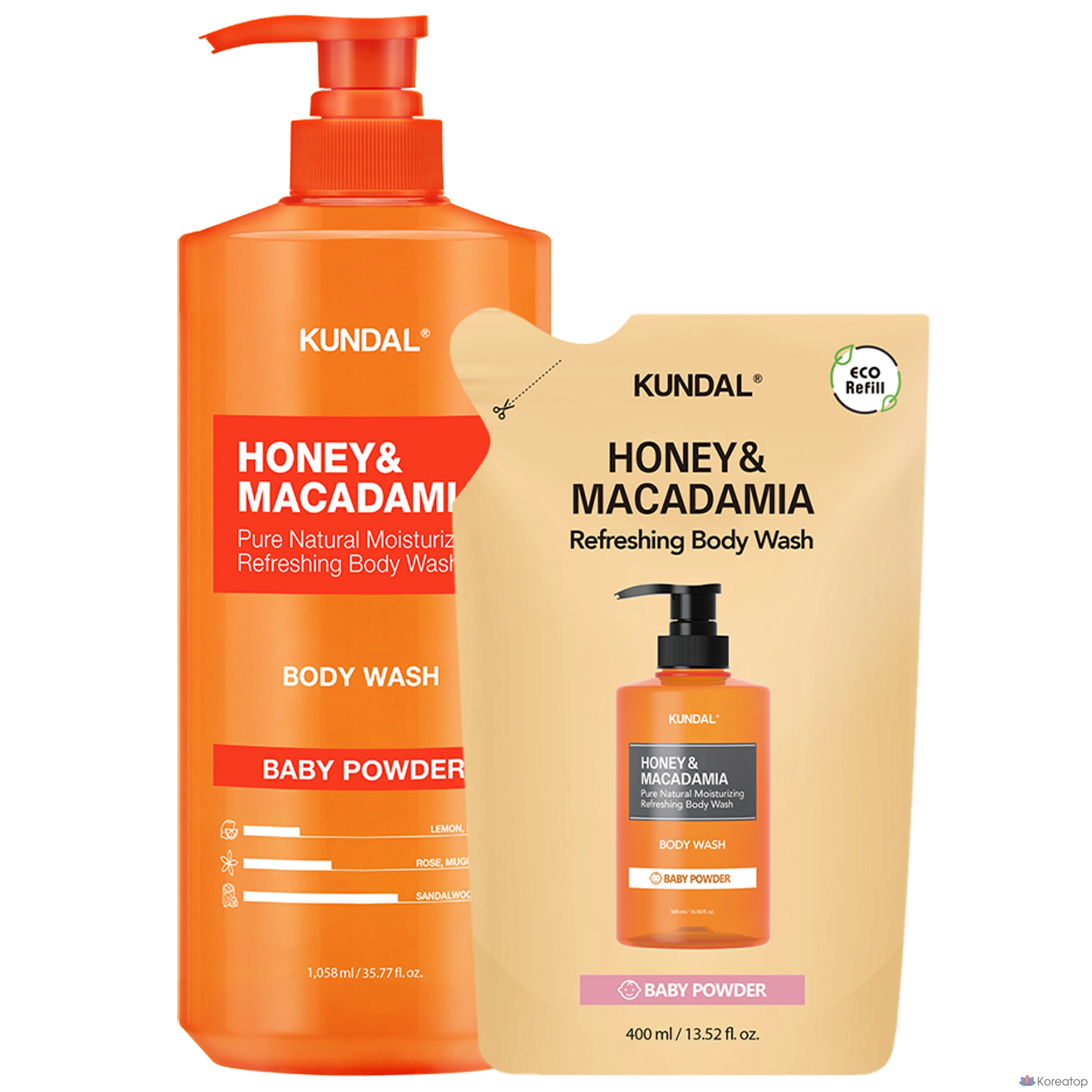 Гель для душа Kundal с медом и макадамией, аромат детской присыпки, 1,458 л, 1 шт.