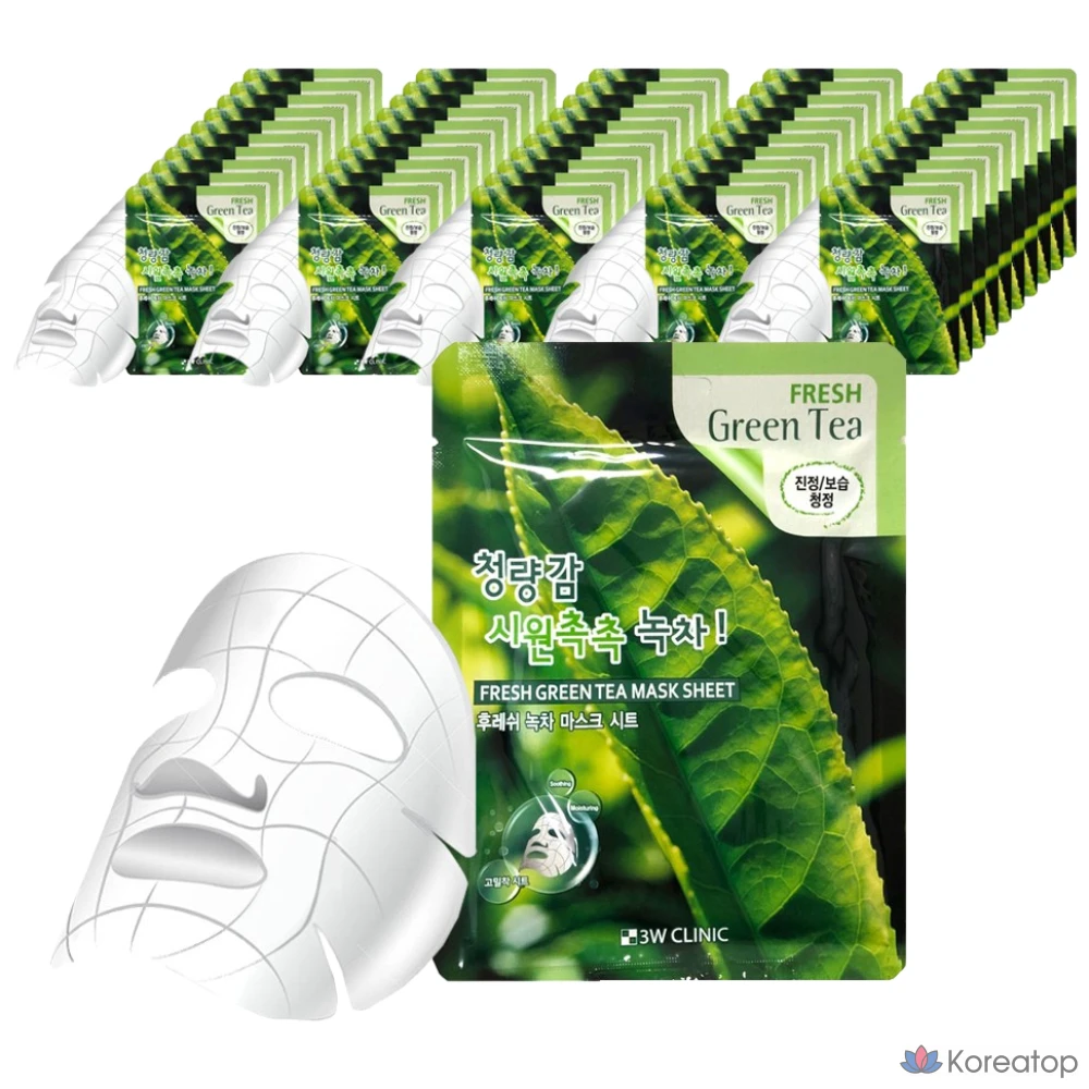 Тканевые маски для лица 3W Clinic Fresh Green Tea, 50 листов, 1 упаковка.