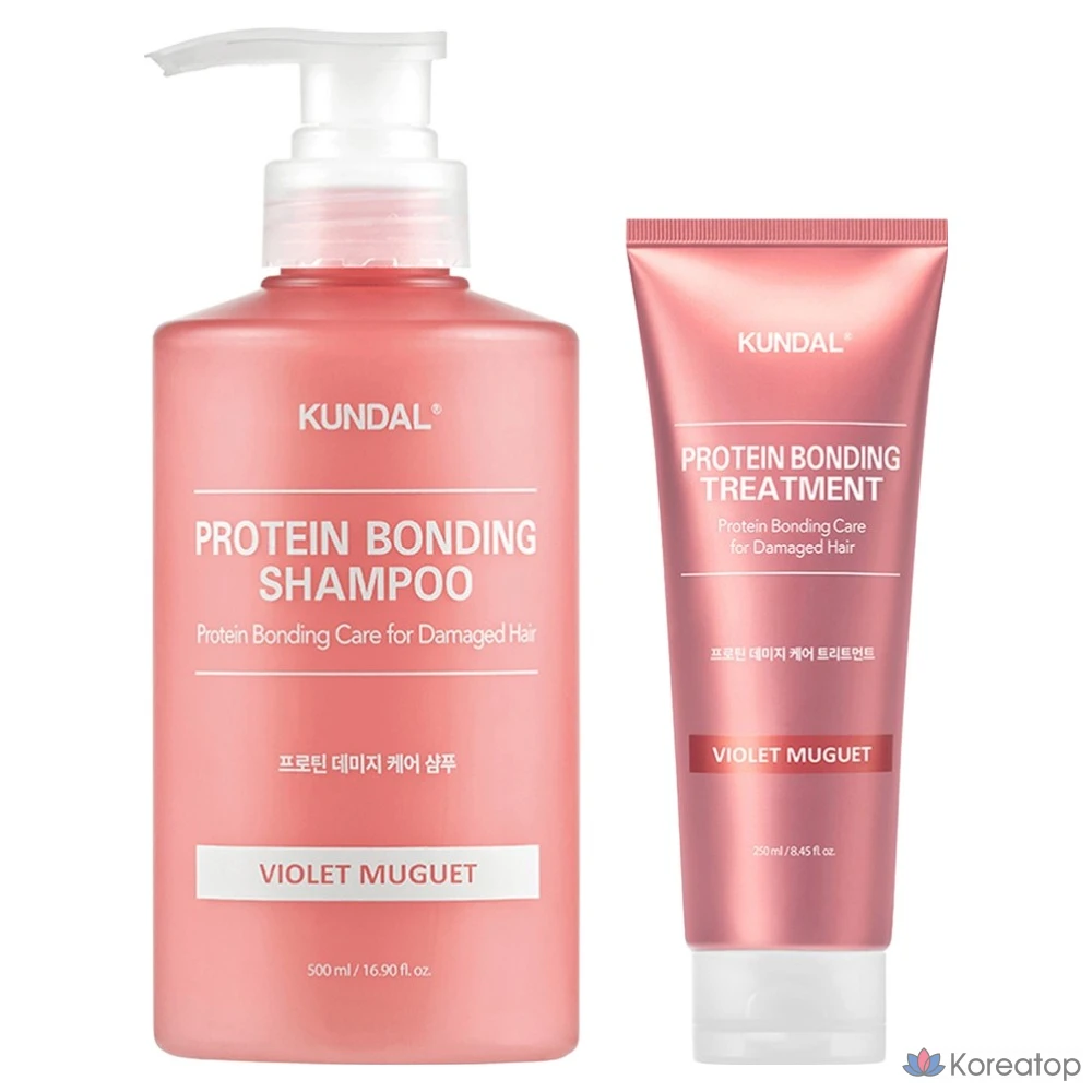 Набор Kundal Protein Damage Care: шампунь с ароматом фиолетового муге 500 мл + средство для ухода 250 мл, 1 комплект.
