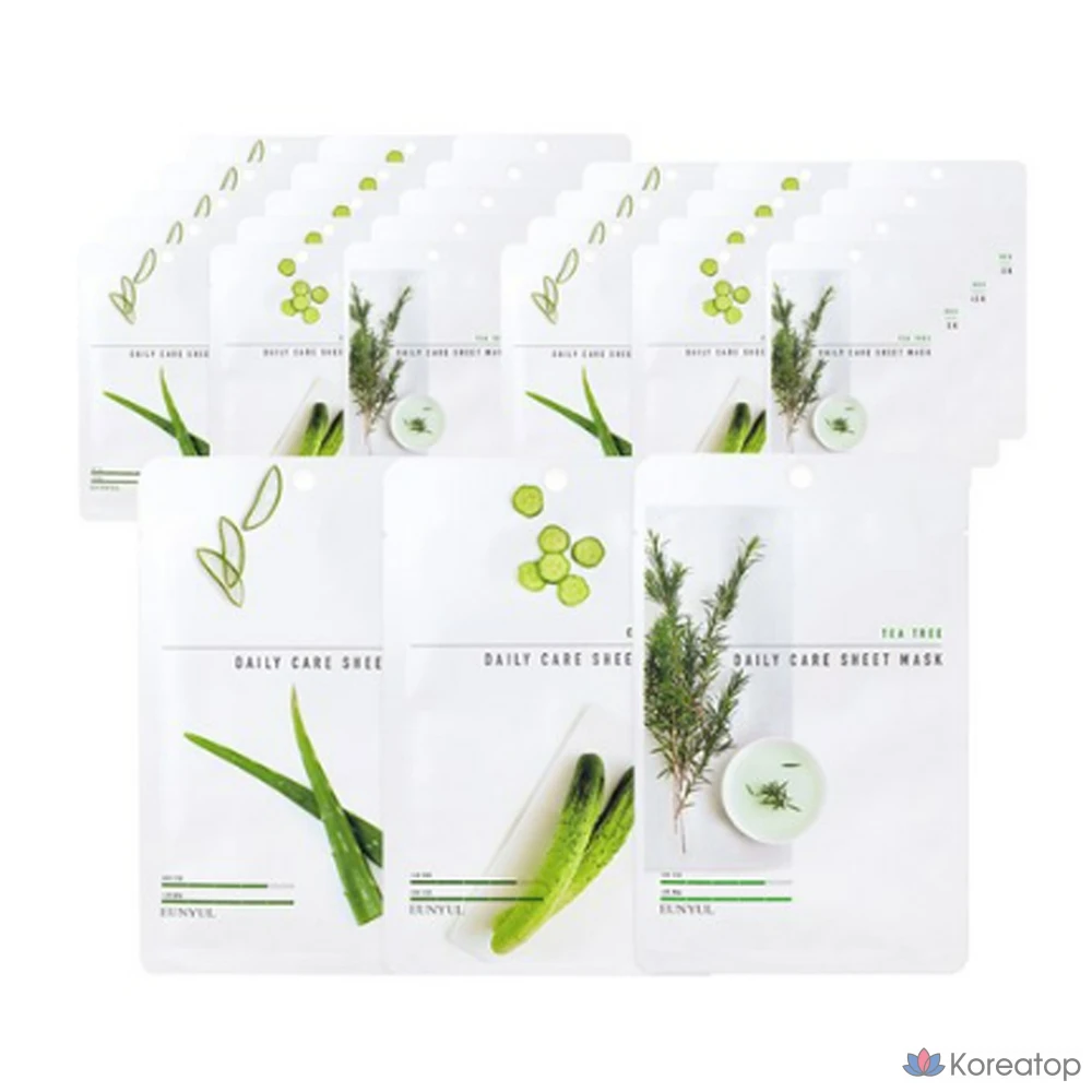 Набор тканевых масок для ежедневного ухода Eunyul: успокаивающая маска с алоэ вера 22 мл x 10 штук + маска с огурцом 22 мл x 10 штук + маска с маслом чайного дерева 22 мл x 10 штук, 1 упаковка, 1 штука