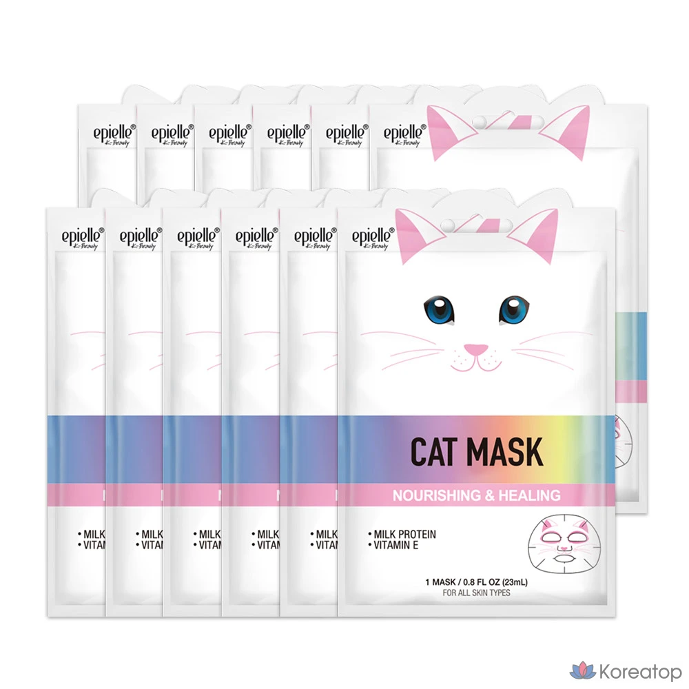 Набор из 12 тканевых масок Epielle Tone-Up & Moisturizing Cat Animal Character Mask Pack, 12 штук.
