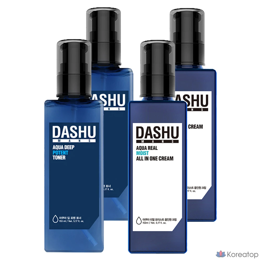 Набор из 2 флаконов: тоник DASHU Men's Aqua Deep Potent Toner 153 мл и увлажняющий крем Men's Aqua Real Moist All-in-One Cream 153 мл.