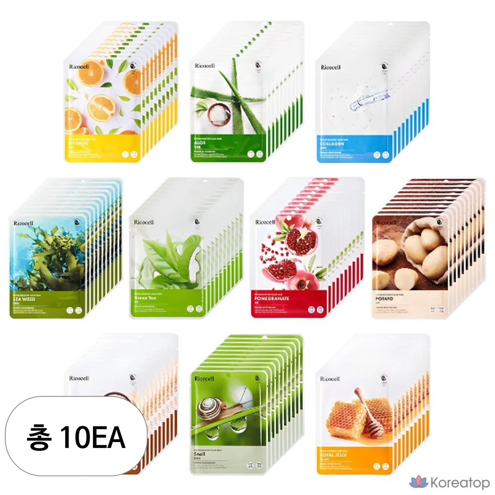 Набор увлажняющих масок Ricocell, 10 видов по 10 штук, всего 100 штук.