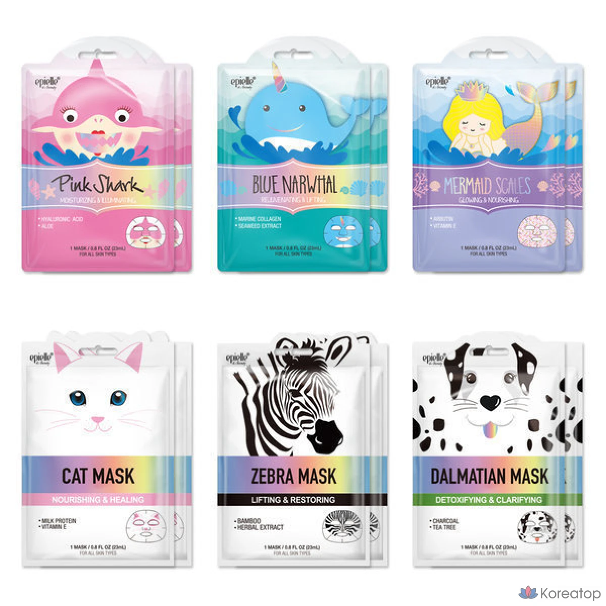 Набор масок Epielle с изображениями морских персонажей: кошка, зебра, дельфин, акула, русалочка, далматин, 1 упаковка, 12 листов.