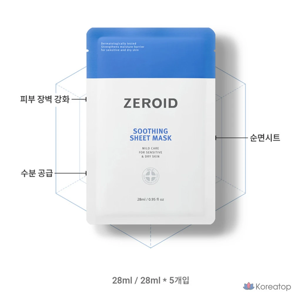 Набор успокаивающих тканевых масок ZEROID, 1 коробка (5 листов), 100% хлопок, 1 штука., фото 3