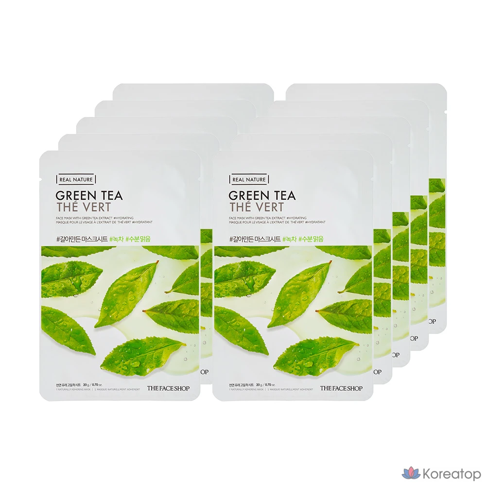 Тканевая маска для лица The Face Shop с зеленым чаем, 10 листов, 1 упаковка.